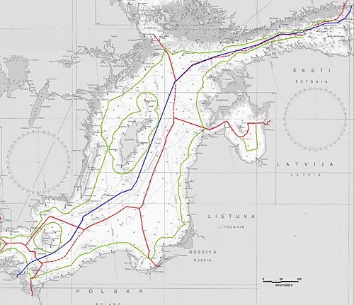 Verlauf der Pipeline und Hoheitsgebiete der Ostseeanrainer. Bild:
Nord Stream,
http://www.nord-stream.ru/eng/press/gallery/